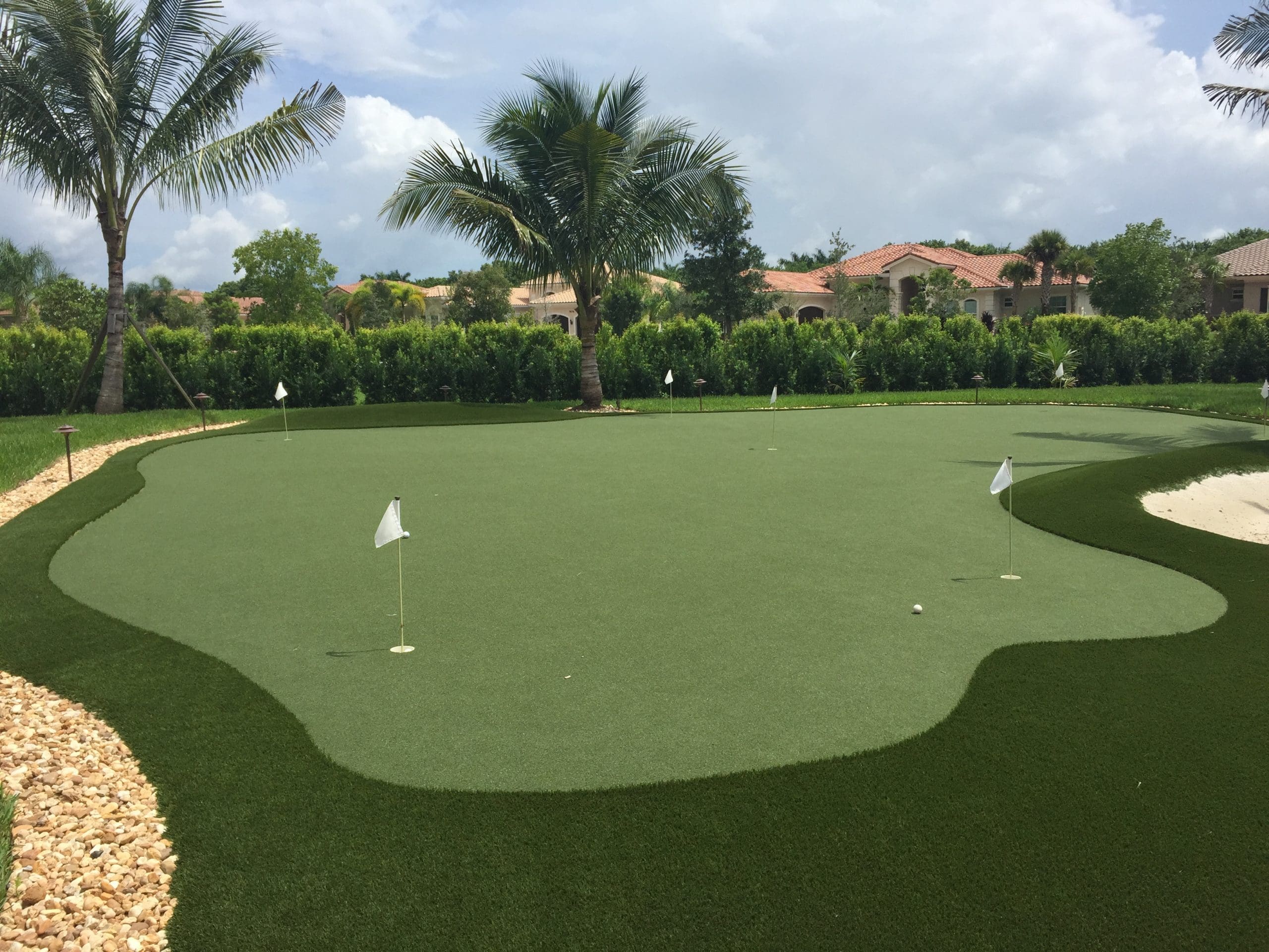 Large artificial putting green with several practice flags and surrounding palm trees